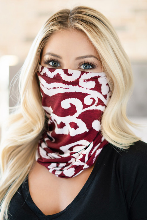 S8-4-3-RFM6008-RPR065-BU BURGUNDY PRINTED MULTI FUNCTIONAL MASK OR SUN GUARD FACE MASK FOR ADULTS/12PCS