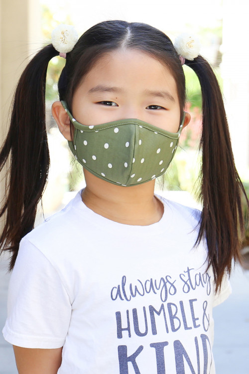 S5-7-1-RFM7001K-RPD002-OL OLIVE POLKA DOTS PRINTED REUSABLE FACE MASK FOR KIDS/12PCS    **Not intended for kids 2 years old and below**