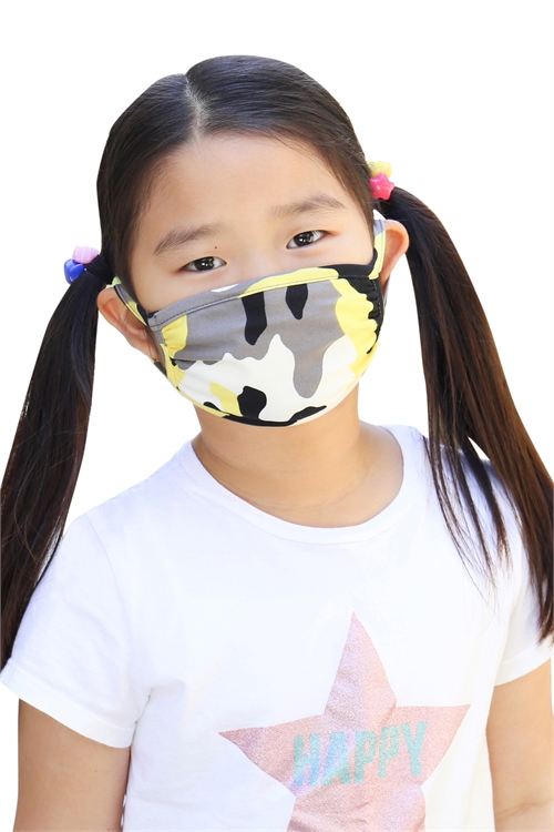 S8-4-2-RFM7002K-RCM010-YW- YELLOW CAMOUFLAGE REUSABLE FACE MASKS FOR KIDS/12PCS **Size not intended for kids 2 years old and below**