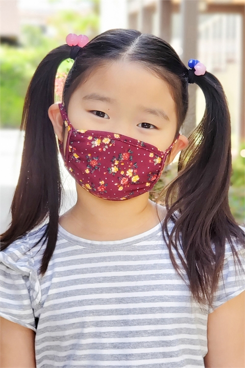 S8-6-2-RFM7002K-RFL021-BURGUNDY- FLORAL PRINTED REUSABLE FACE MASK FOR KIDS/12PCS **Size not intended for kids 2 years old and below**