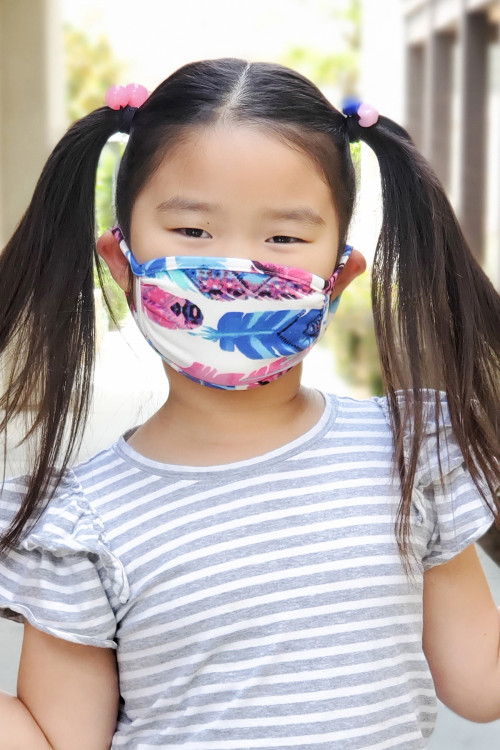 A3-3-3-RFM7002K-RPR023-FUBL FUCHSIA BLUE FEATHER PRINTED REUSABLE FACE MASK FOR KIDS/12PCS    **Not intended for kids 2 years old and below**