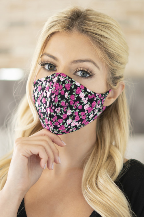 S4-8-4-RFM8001-RFL050-BK-FLORAL REUSABLE PLEATED FACE MASK FOR ADULTS WITH FILTER POCKET - BLACK/12PCS