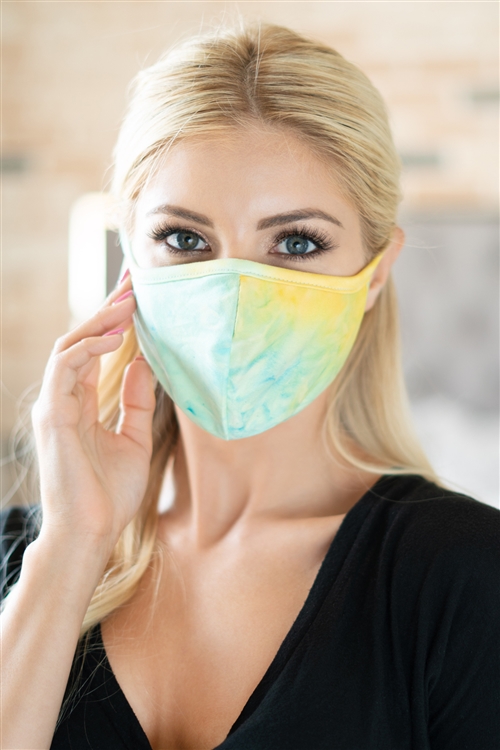 S8-7-4-RFM8001-RTD010-TQYW- TIE DYE REUSABLE FACE MASKS FOR ADULTS WITH FILTER POCKET - TURQUOISE YELLOW/12PCS