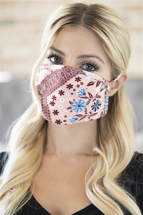 SA3-7-4-RFM8002-RFL076-BLUSH- FLORAL REUSABLE FACE MASK FOR ADULTS WITH FILTER POCKET/12PCS