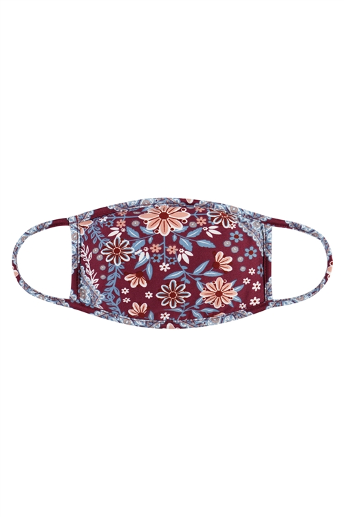 S7-7-2-RFM9002Y-RFL076-BURGUNDY - FLORAL PRINTED REUSABLE FACE MASK FOR YOUTH WITH FILTER POCKET/12PCS