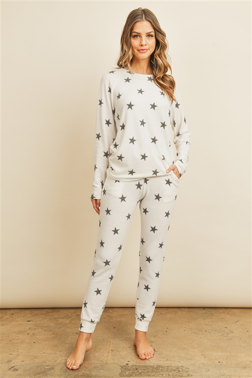 SA3-7-1-RFP4029-RPR009-IVBK - BRUSHED STAR PRINT TOP AND JOGGERS SET WITH SELF TIE- IVORY/BLACK 1-2-2-2 (NOW $9.75 ONLY!)