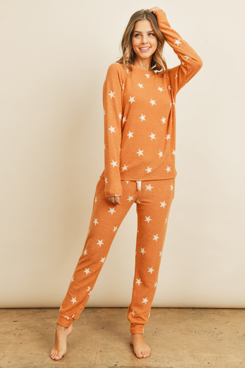 S15-2-1-RFP4029-RPR009-TR - BRUSHED STAR PRINT TOP AND JOGGERS SET WITH SELF TIE- TERRACOTA 1-2-2-2
