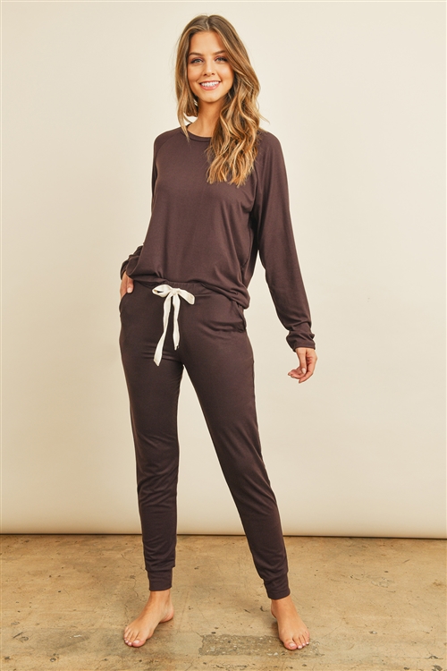 S11-16-2-PPP4005/RFP4031-DTYB-BWN - SOLID BRUSHED TOP AND JOGGERS SET WITH SELF TIE- BROWN 1-2-2-2