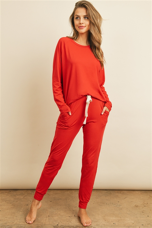 S13-7-2-PPP4005/RFP4031-DTYB-RD - SOLID BRUSHED TOP AND JOGGERS SET WITH SELF TIE- REAL RED 1-2-2-2
