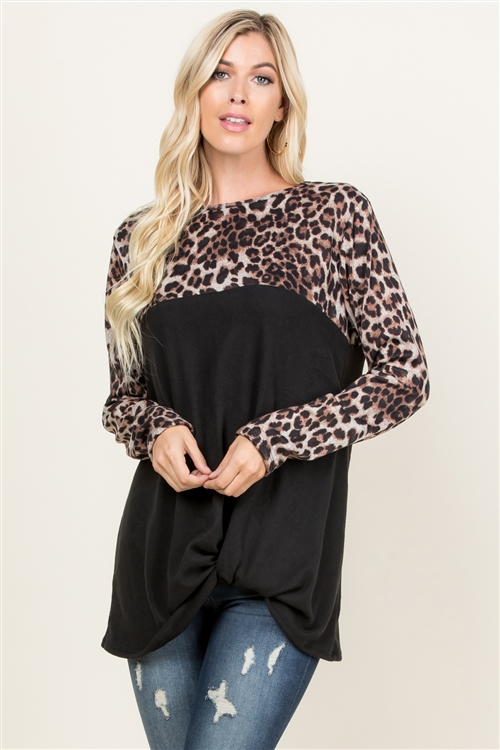 S10-18-2-RFT2005LS-RAP002C-BKBWN - LEOPARD CONTRAST TWISTED FRONT TUNIC- BLACK/BROWN 1-2-2-2