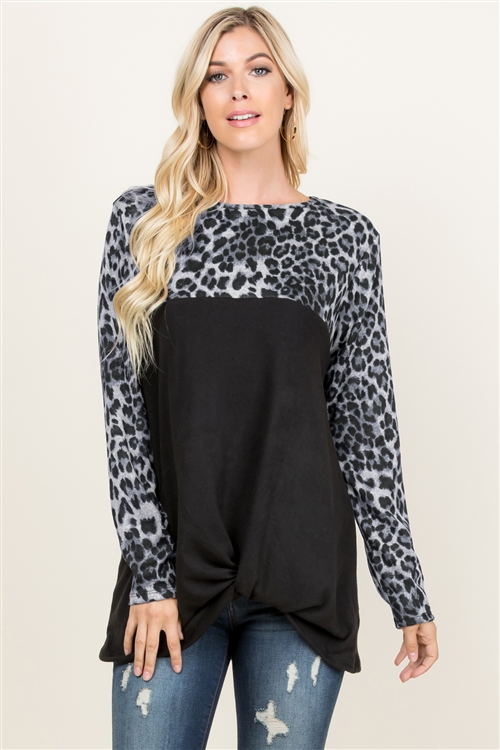 S10-18-3-RFT2005LS-RAP002C-GYBK - LEOPARD CONTRAST TWISTED FRONT TUNIC- GREY/BLACK 1-2-2-2