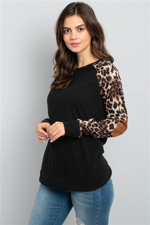 S20-12-2-RFT2006-RAP002C-BKBWN-2 - LEOPARD SLEEVE ELBOW PATCH SWEATERS- BLACK/BROWN 0-1-1-1