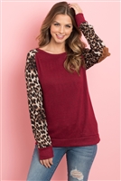 S16-6-4-RFT2006-RAP002C-BUBWN - LEOPARD SLEEVE ELBOW PATCH SWEATERS- BURGUNDY/BROWN 1-2-2-2