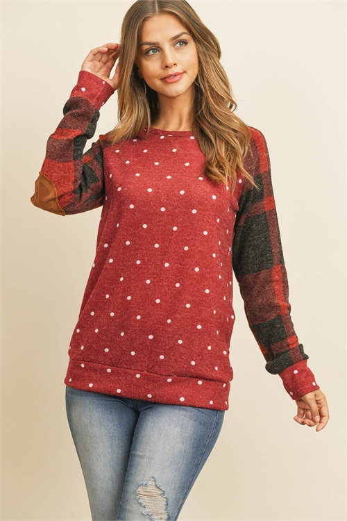 S10-5-2-RFT2006-RPD026-BURDBK - PATCHED POLKA DOT TOP- BURGUNDY/RED BLACK 0-6-0-0