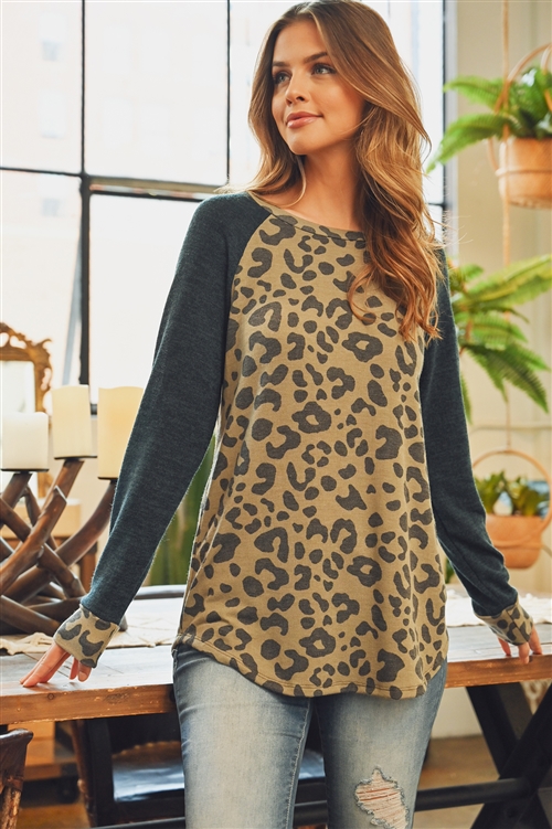 SH-6-RFT2011-RAP128-OVCHL-1 - ROUND NECK LONG SLEEVED ANIMAL PRINT TOP- OLIVE/CHARCOAL 2-2-2