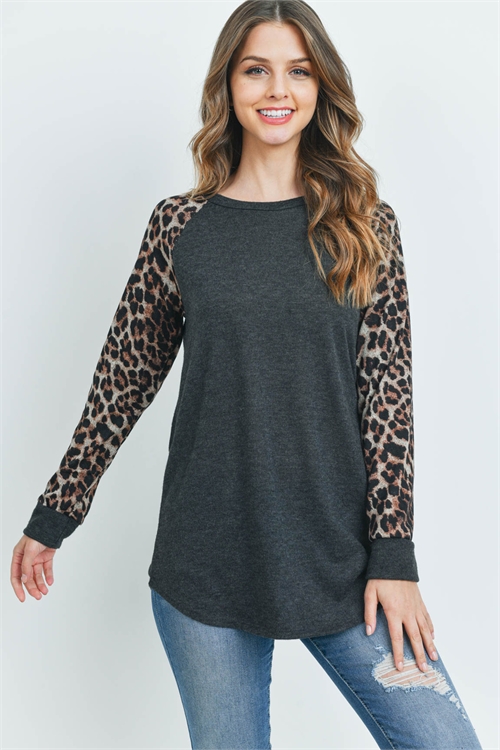 S14-8-2-RFT2011HC-RAP002C-CHLBWN-2 - LONG SLEEVE LEOPARD RAGLAN TOP- CHARCOAL/BROWN 3-1-2-1