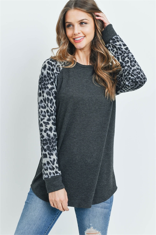 S9-12-4-RFT2011HC-RAP002C-CHLGY-1 - LONG SLEEVE LEOPARD RAGLAN TOP- CHARCOAL/GREY 0-1-2-0