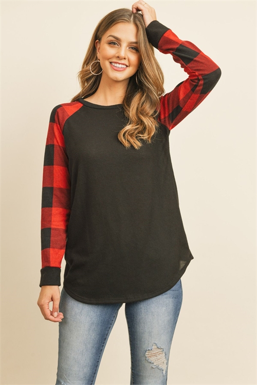 S12-2-1-RFT2011HC-RPL010C-BKR-1 - CHECKER PLAID RAGLAN TOP- BLACK RED 6-0-0-0 (NOW $4.75 ONLY!)