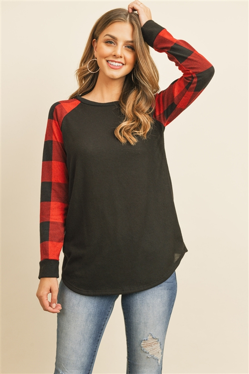 S14-5-3-RFT2011HC-RPL010C-BKR - CHECKER PLAID RAGLAN TOP- BLACK RED 1-2-2-2