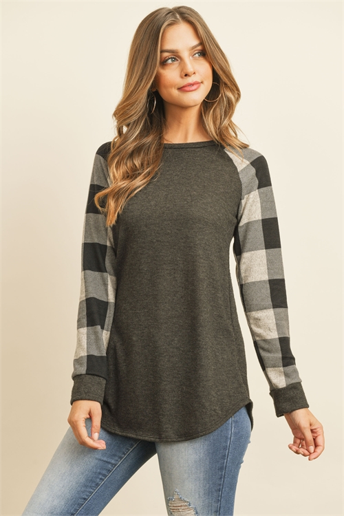 SA3-0-4-RFT2011HC-RPL010C-CHOT-1 - CHECKER PLAID RAGLAN TOP- CHARCOAL OATMEAL 2-3-0-1