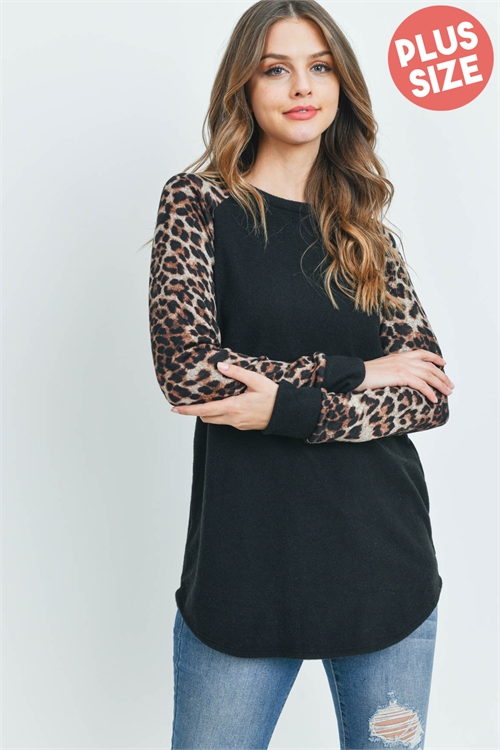 S16-10-4-RFT2011HCX-RAP002-BKBWN-1 - PLUS SIZE LONG SLEEVE LEOPARD RAGLAN HACCI TOP- BLACK/BROWN 2-2-0