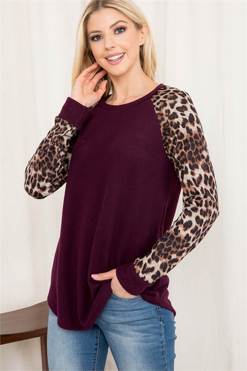 S16-10-4-RFT2011HCX-RAP002-RSNBWN-1 - PLUS SIZE LONG SLEEVE LEOPARD RAGLAN HACCI TOP- RAISIN/BROWN 2-2-1