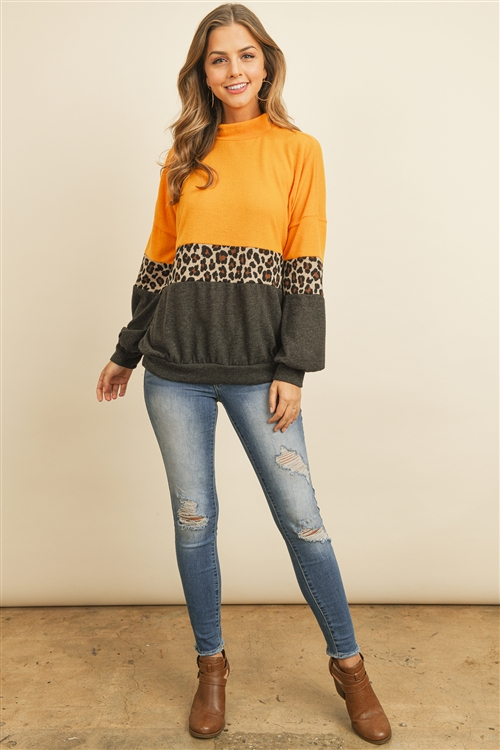 S9-20-4-RFT2017-RAP009C-MUBWNCHL MUSTARD BROWN CHARCOAL LEOPARD PUFF SLEEVED SWEATER 1-2-2-2