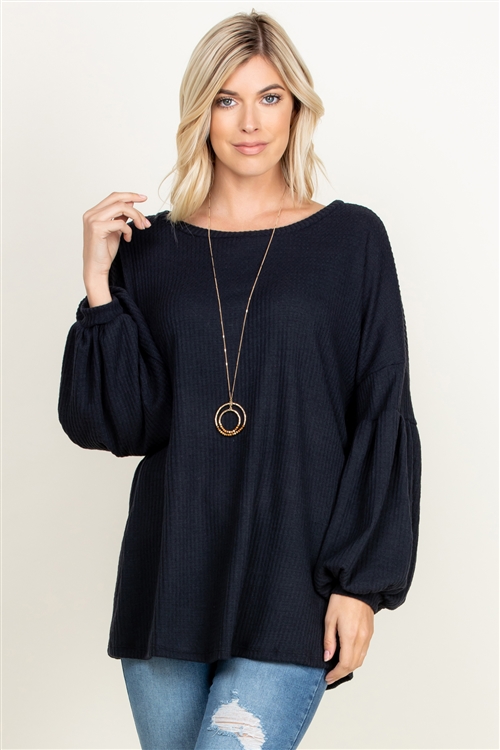 S10-15-2RFT2020-RSW012-BK - BRUSHED WAFFLE BUBBLE SLEEVE SWEATER- BLACK 2-1