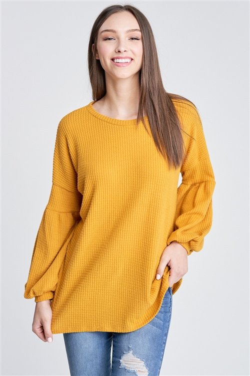 S10-15-2-RFT2020-RSW012-MU - BRUSHED WAFFLE BUBBLE SLEEVE SWEATER- MUSTARD 2-2