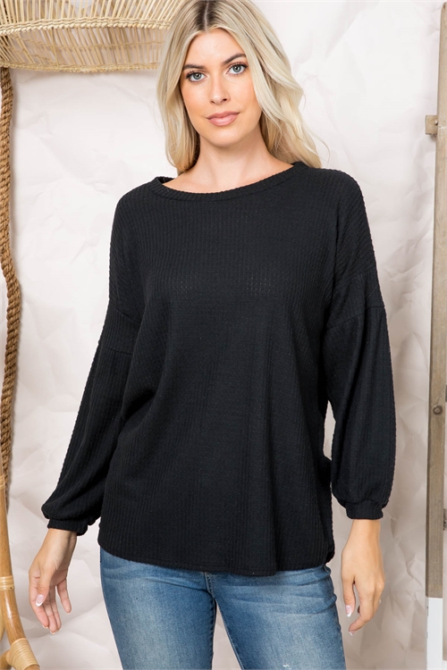 S16-6-3-RFT2020-WF-BK - SOLID WAFFLE PUFF SLEEVED SWEATER- BLACK 1-2-2-2