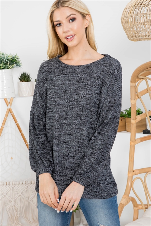 SA4-7-3-RFT2020-WF-BKCHB - SOLID WAFFLE PUFF SLEEVED SWEATER- BLACK CHAMBRAY 1-2-2-2