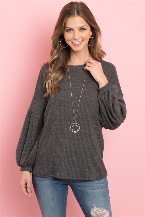 S9-5-3--RFT2020-WF-CHL-1 - SOLID WAFFLE PUFF SLEEVED SWEATER- CHARCOAL 4