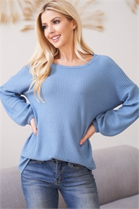 S9-1-4-RFT2020-WF-DNMSTL - SOLID WAFFLE PUFF SLEEVED SWEATER- DENIM STEEL 1-2-2-2