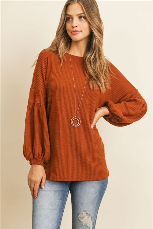 S10-8-2-RFT2020-WF-GNGR - SOLID WAFFLE PUFF SLEEVED SWEATER- GINGER 1-2-2-2