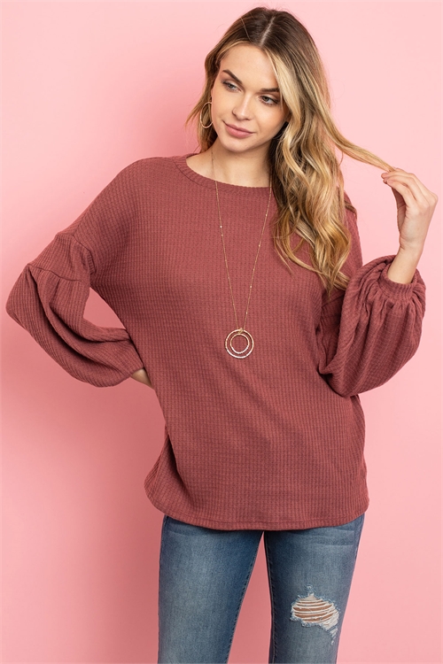 S9-3-3-RFT2020-WF-RDBWN-1 - SOLID WAFFLE PUFF SLEEVED SWEATER- RED BROWN 1-2-2-0