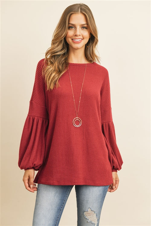 S10-8-2-RFT2020-WF-RST - SOLID WAFFLE PUFF SLEEVED SWEATER- RUST 1-2-2-2