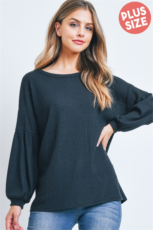 S4-3-3-RFT2020X-WF-BK - PLUS SIZE SOLID WAFFLE PUFF SLEEVED SWEATER- BLACK 3-2-1