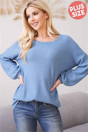 S11-10-3-RFT2020X-WF-DNMSTL - PLUS SIZE SOLID WAFFLE PUFF SLEEVED SWEATER- DENIM STEAL 3-1-0