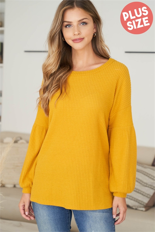 S4-3-4-RFT2020X-WF-MU - PLUS SIZE SOLID WAFFLE PUFF SLEEVED SWEATER- MUSTARD 3-2-1