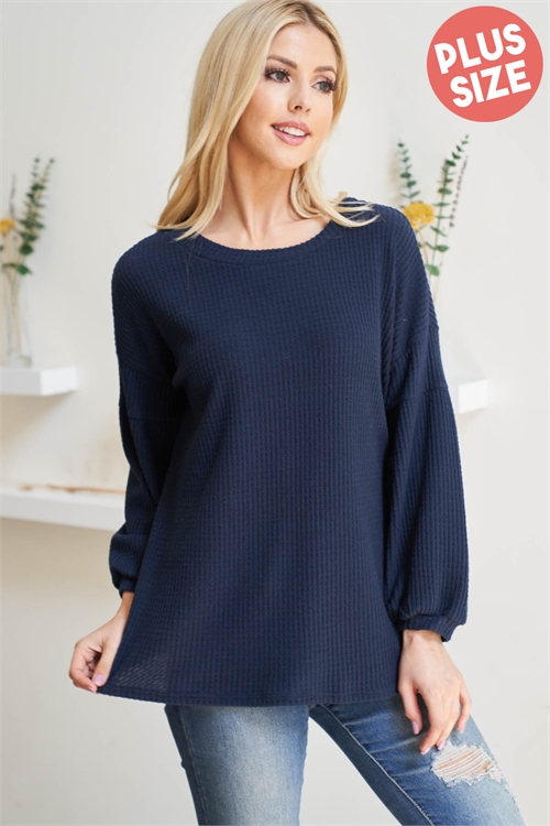 S14-5-3-RFT2020X-WF-NV - PLUS SIZE SOLID WAFFLE PUFF SLEEVED SWEATER- NAVY 3-1-1