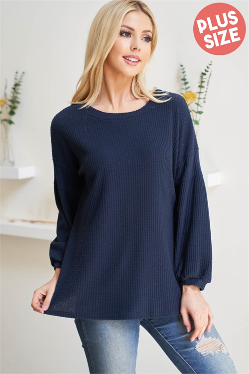 S4-3-4-RFT2020X-WF-NV - PLUS SIZE SOLID WAFFLE PUFF SLEEVED SWEATER- NAVY 3-2-1