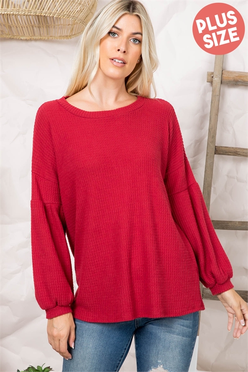 S7-8-4-RFT2020X-WF-WN - PLUS SIZE SOLID WAFFLE PUFF SLEEVED SWEATER- WINE 2-2-1