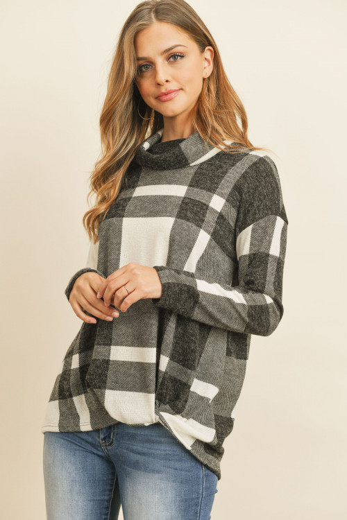 S15-1-2-RFT2025-RPL014-OFWBK - PLAID CHECKER PRINT COWL NECK FRONT KNOT MIER HAIR TOP- OFF-WHITE/BLACK 1-2-2-2