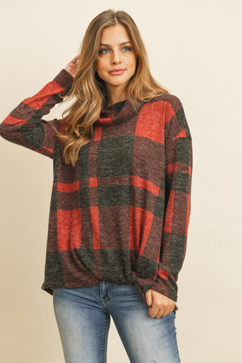 S15-4-1-RFT2025-RPL014-RDBK - PLAID CHECKER PRINT COWL NECK FRONT KNOT MIER HAIR TOP- RED/BLACK 1-2-2-2