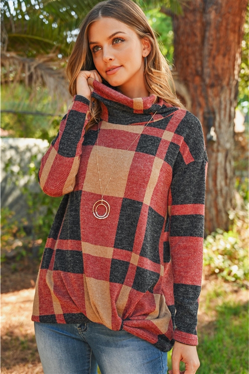 S15-2-3-RFT2025-RPL014-TPBK - PLAID CHECKER PRINT COWL NECK FRONT KNOT MIER HAIR TOP- TAUPE/BLACK 1-2-2-2