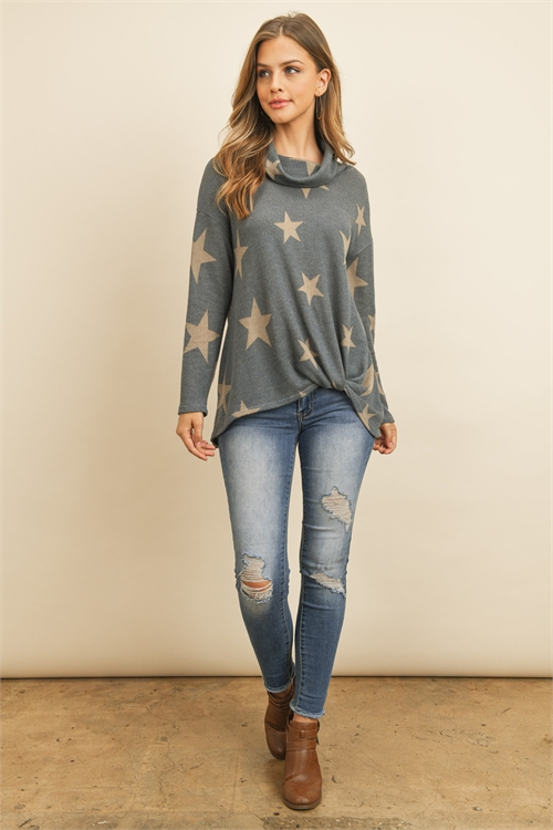 S16-2-3-RFT2025-RPR068-NV - STAR PRINT COWL NECKLINE LONG SLEEVED FRONT KNOT TUNIC- NAVY 1-2-2-2