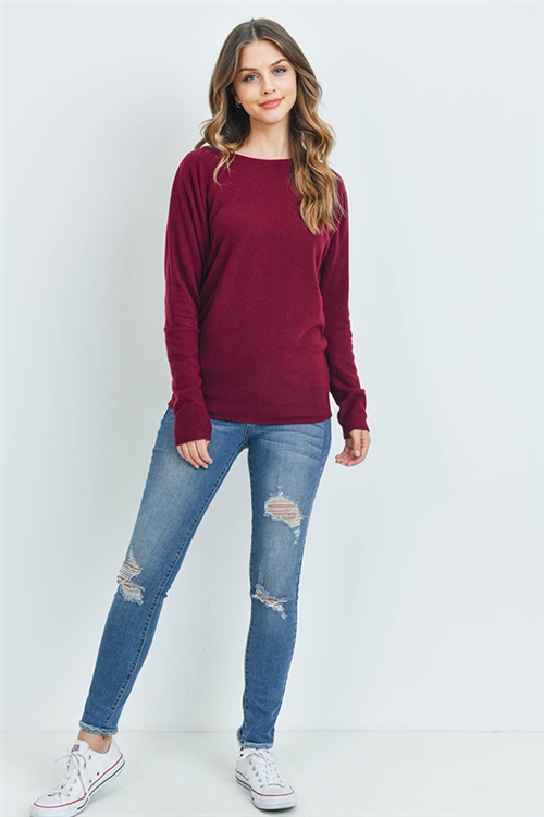 S14-9-2-RFT2026-BHC-BU-1 - LONG SLEEVE BRUSHED HACCI DOLMAN TOP- BURGUNDY 0-2-2-2