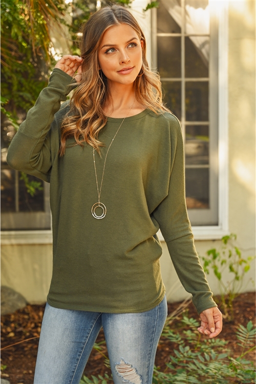 S10-6-3-RFT2026-BHC-DKOV - LONG SLEEVE BRUSHED HACCI DOLMAN TOP- DARK OLIVE 1-2-2-2