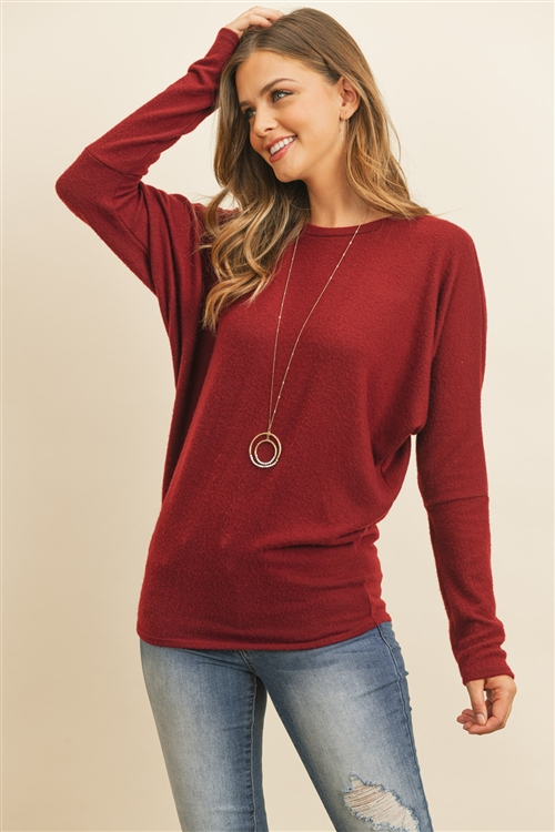 S10-6-3-RFT2026-BHC-WN - LONG SLEEVE BRUSHED HACCI DOLMAN TOP- WINE 1-2-2-2