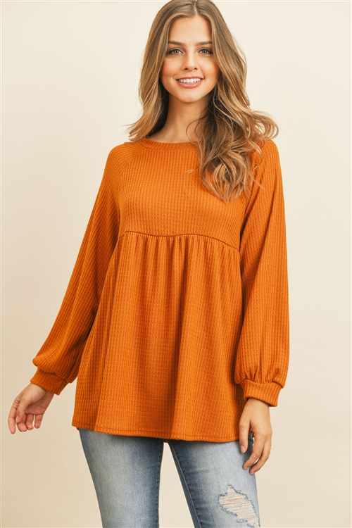 S11-1-2-RFT2031-WF-AMBR - BABYDOLL LONG SLEEVED EMPIRE WAIST WAFFLE TUNIC- AMBER 1-2-2-2